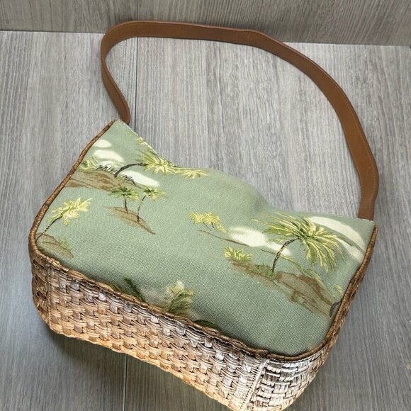 Fossil Womens Handbag Palm Beach Print Woven Rattan Purse Shoulder Bag Green - Picture 3 of 11